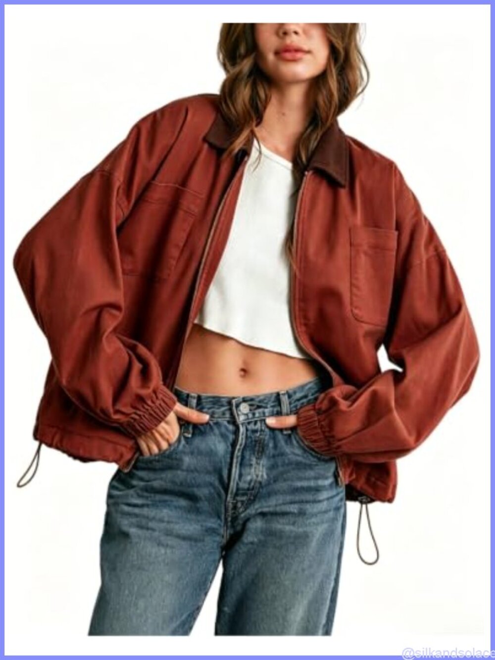 Women's Corduroy Collar Utility Jacket Zip Front Cinchable Hem Workwear